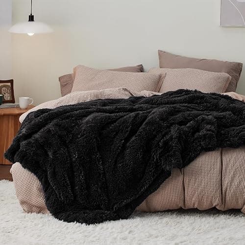 Bedsure GentleSoft Fluffy Black Blankets Queen Size for Bed, Thick Sherpa Faux Fur Fleece Fuzzy Plush Winter Warm Soft Full Queen Blankets, Bedroom Decor Black Gifts Cozy Gifts for Women Men, 90x90 thumbnail 2