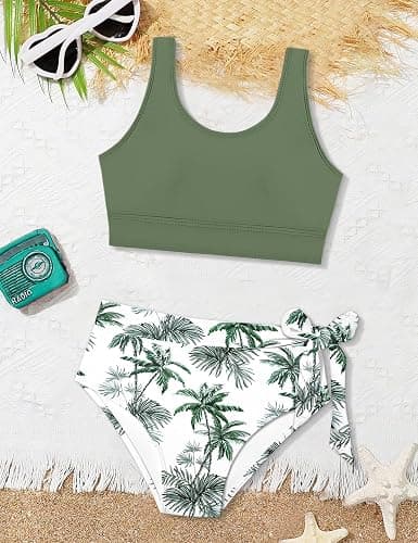 ADIRUN Girl Swimsuit Bikini Set Tropical Print Bathing Suit Two Piece Girls' Swimwear with Tie Side Knot 7-14T thumbnail 5