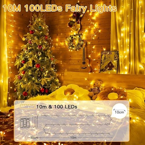 Ollny Fairy Lights Battery Operated, 10m 100 LEDs Christmas Tree Light Battery Powered Outdoor Decoration, Warm White Waterproof Xmas Lighting with 8 Modes/Timer for Indoor Outside Bedroom Garden thumbnail 2