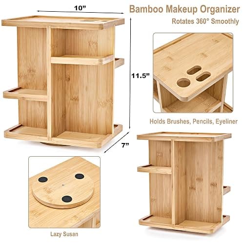 Sorbus 360° Makeup Organizer - Bamboo Wood Make Up Storage Carousel for Cosmetics, Skin Care Rotating Makeup Organizer for Vanity, Bathroom Storage thumbnail 3
