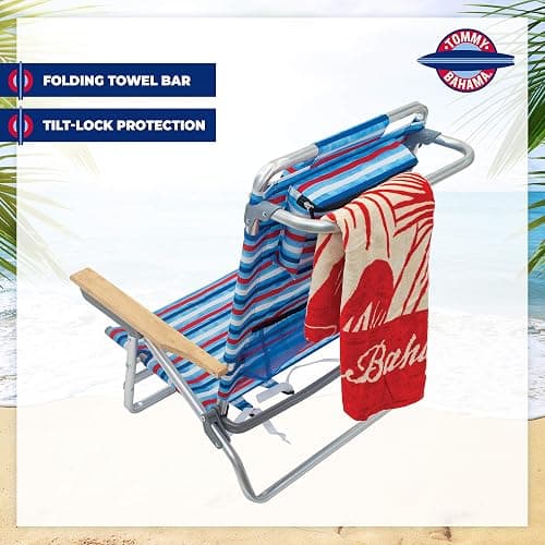 Tommy Bahama 5-Position Classic Lay Flat Folding Backpack Beach Chair, Aluminum, Red, White, and Blue Stripe thumbnail 5