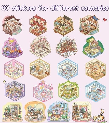 Wnqou 20 Sets DIY 3D House Stickers Collection Book, 3D Scene Miniature, Miniature Simulated Cabin Scene Game, Cute Cartoon Stickers for Adults and Kids, Fun Room Sticker Material Book for Girls thumbnail 5