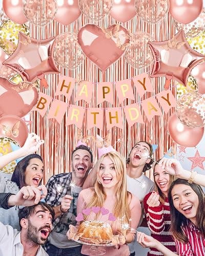 Lutoys Rose Gold Happy Birthday Party Decorations, Happy Birthday Banner, Rose Gold Foil Heart Star Confetti Balloons Curtain Backdrop Hanging Swirls Party Decor for Girls Women Princess thumbnail 2