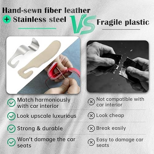 Car Seat Headrest Hook 55lb Heavy Duty Metal Hanger with Leather for Bags | Universal Fit car SUV Truck, Premium Microfiber Leather, Metal Core, Hang Purses Groceries Handbag Backpack, 2 Pack Beige thumbnail 4