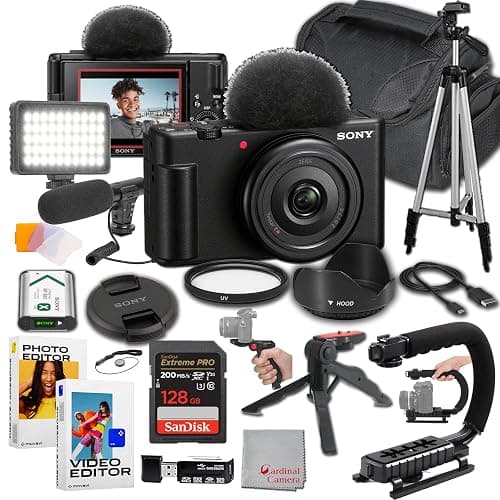 Sony ZV-1F Content Creator's Ultimate Kit: 128GB Extreme Memory, Mic, Video Light, Editing Software U-Grip, and Tripod Bundle (21pc) - Image 1