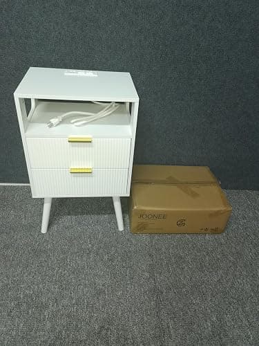JOONEE White Nightstand with Charging Station and LED Lights,Modern Bedside Table with 2 Storage Drawer and Open Wood Shelf, for Bedroom and Small Spaces,Night Stand with Solid Wood Legs,White thumbnail 7