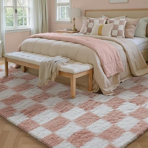 PureCozy Checkered Rug 6x9 for Living Room, Pink and White Modern Shag Rug Washable Non-Slip Large Area Rug Super Soft Indoor Fuzzy Carpet Fluffy Rugs for Bedroom Home Aesthetic Decor thumbnail 3