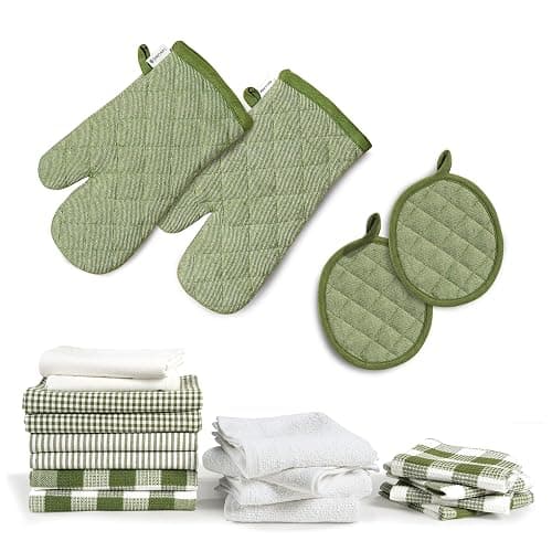 LANE LINEN Dish Towels and Dishcloths Sets - 20 Pc Kitchen Towels Set, 500 Degree Heat Resistant Kitchen Mitts and Pot Holders, 100% Cotton Dish Towels, Kitchen Dish Rags for Washing Dishes - Olive - 20 Piece Set - Olive thumbnail 3