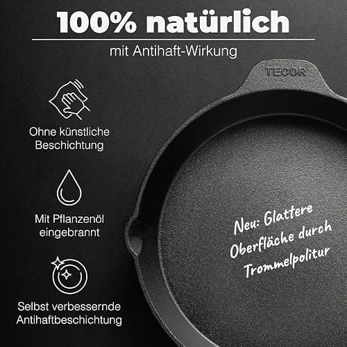 TECOR Gusseisenpfanne Induktion 24 cm ungeschliffen, universell, natürlich - Langlebige Pfanne Gusseisen 24 cm - Antihaft Gusspfanne Induktion einfach, top Qualität - Cast iron pan induction thumbnail 4
