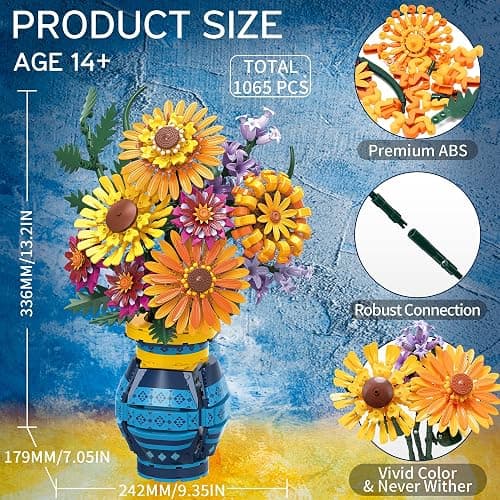 Flower Bouquet Building Blocks Set with Vase, Valentines Day Gifts for Her Wife Him, 1065PCS Sunflower Botanical Collection Artificial Flower Birthday Gifts for Women Men Teen Girls Mom Teacher Adults thumbnail 3