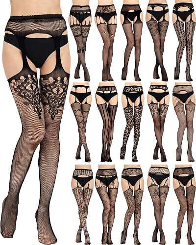 Yahenda 16 Pairs Halloween Women Fishnet Stockings High Waist Gothic Tights Fish Net Stockings Suspender Garter Pantyhose for Women Thigh High Fishnets Stockings, 16 Styles - Image 1