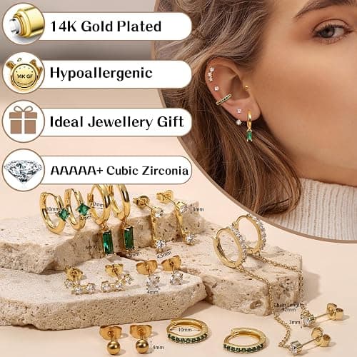 Thunaraz Small Gold Hoop Earrings Set for Women - 14K Gold Plated Hypoallergenic Huggie Hoop Studs Earring Stacks for Sensitive Ears - Cartilage Earring Sets for Multiple Piercing 8 Pairs thumbnail 3