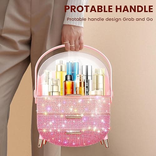Bling Makeup Organizer for Teen Girl Gift,Hollywood Vanity Makeup Storage Box for Girl Birthday Gift,Practical Gift for Daughter,Bathroom Organizer,Skincare Organizer (Triple Pink) thumbnail 3