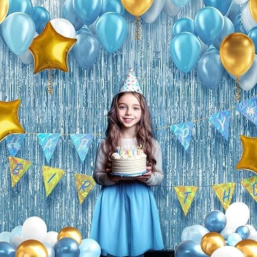 2 Pack Light Blue Fringe Backdrop, 3.2x8.2ft Shining Foil Tinsel Curtains, Birthday Party Decorations Door Streamers for Halloween, Christmas, Wedding, Graduation, Holiday, Theme Events thumbnail 2