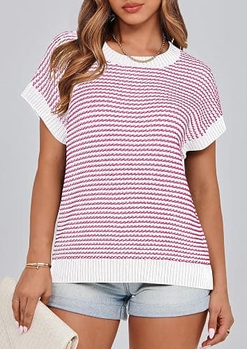 PRETTYGARDEN Womens Short Sleeve Sweater Spring Summer 2026 Round Neck Striped Pullover Cap Sleeve Knit Sweater Vest Tops thumbnail 3