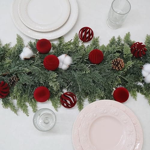 Senjie 3.15inch Burgundy Velvet Christmas Ornaments Balls Flocked Christmas Tree 12PCS Plastic Balls Xmas Hanging Ornaments Decoration Red thumbnail 5