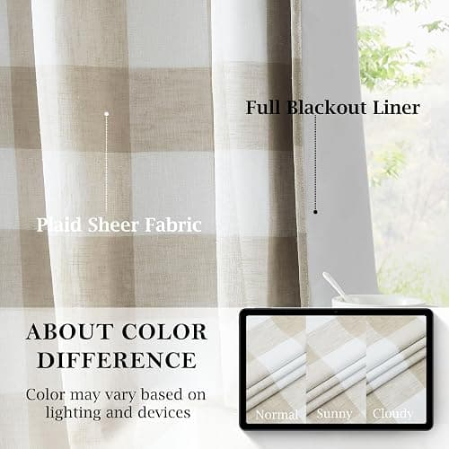 Buffalo Plaid Full Blackout Window Curtains 84 Inches Long Checkered Grommet Panels Farmhouse Geo Energy Efficient Drapes Noise Reducing Thermal Window Treatment Set for Bedroom Tan White,40"x84"x2 thumbnail 4