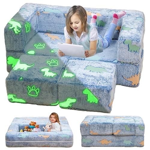 furlinkhm Toddler Couch, Glow in The Dark Kids Play Couch Toddler Fold Out Couch, Kids Fold Out Couch for playroom, Convertible Baby Fold Out Play Foam and Floor Cushion for Bedroom, Blue+Dinosaur - Blue+dinosaur - Toddler Couch - Image 1