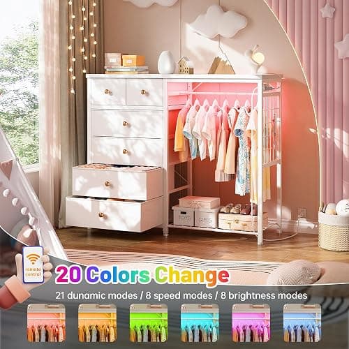 EnHomee 49.2" W Dresser with Hanging Rack & 6 Drawers, Grid Panel & 4 Hooks | Featuring LED Lights and Charging Station, Wooden Top Organize Unit for Bedroom, Chest of Drawers with Steel Frame, White thumbnail 4