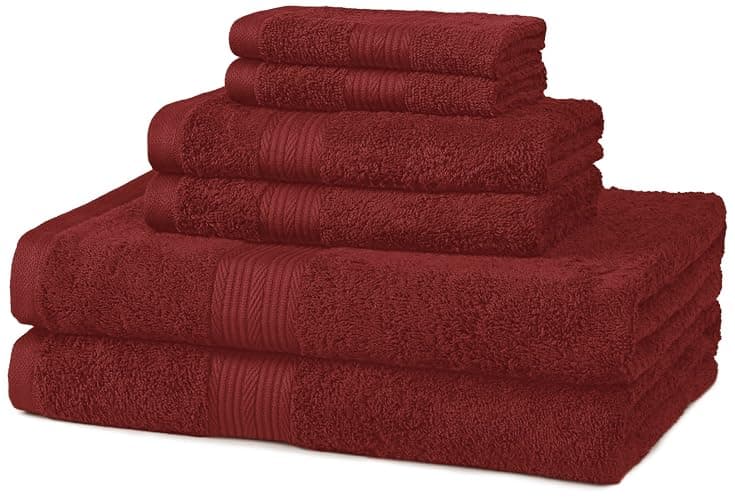 Amazon Basics Soft Bath Towels set , Absorbent Fade Resistant 100% Cotton washcloths 6 Pieces (12" x 12"), Perfect face towels, fingertip towels, Crimson - Image 1