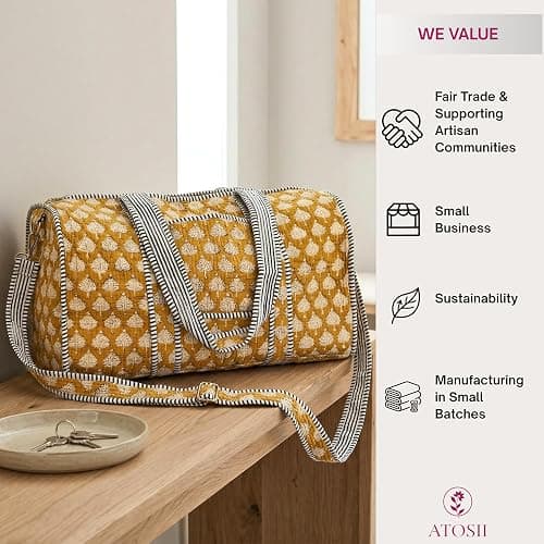 ATOSII Handblock Print 100% Cotton Large Quilted Duffle Bag for Overnight Trip, Travel Weekend Bag, Luggage, 2 Pockets with Zipper, 1 Front Pocket, Detachable Long Strap, 20 X 10 X 12 Inches, Flax thumbnail 6
