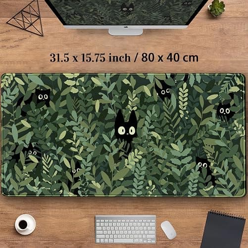 Cute Anime Cats Desk Mat Green Leaves Kawaii Mousepad XXL Extended Large Gaming Mouse Pad Cat, Aesthetic Extended Laptop Keyboard Mat Desk Pad for Women Office Gamer Girl Decor 31.5x15.75 in thumbnail 4
