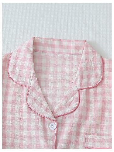 Verdusa Women's Plaid 2 Piece Cute Pajama Sets Short Sleeve Button Down Shirts with Shorts Loungewear thumbnail 3
