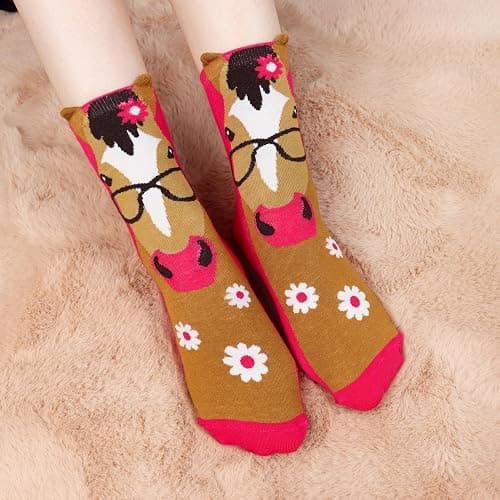 Jeasona Women's Cat Socks Cat Gifts Cute Animal Socks Dog Owl Gifts for Women - Multicolored Horse thumbnail 4