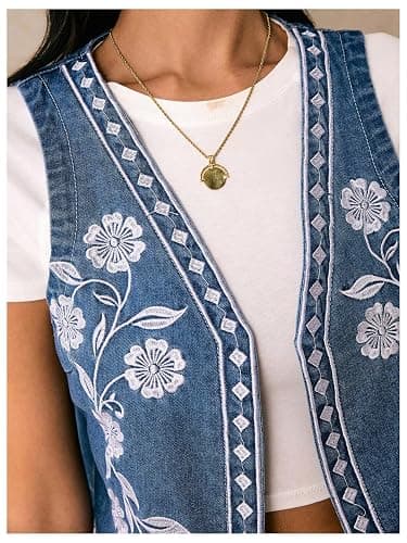 GORGLITTER Women's Embroidered Vest Boho Jean Top Western Rodeo Outfit Sleeveless Cropped Floral Denim Jacket thumbnail 4