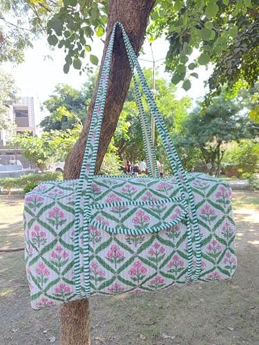 100% Cotton Floral Print Quilted Duffle Bags Large Size Beautiful Block Print Weekender Bags Handmade Shoulder Travel Overnight Bag thumbnail 2