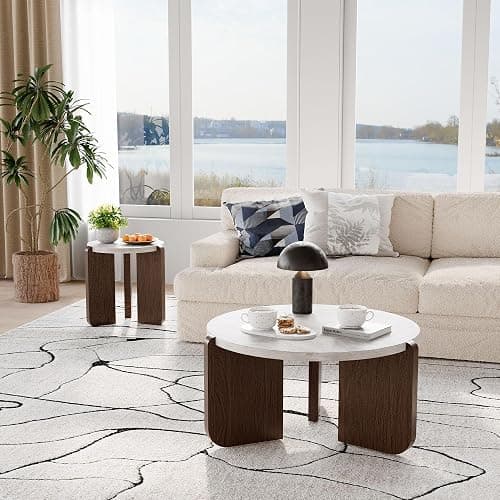 COSIEST Modern Round Coffee Table & Side Table Set, Faux Marble Wood Top, Walnut & Cream White Legs, Minimalist Living Room Center & Accent Table(2 PCS) thumbnail 3