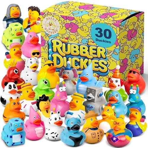 Happy Duckers Rubber Ducks - 30 Piece Bulk Pack for Bath, Pool, Party, Cruise, Jeep Ducking, Decoration & More - Small Assorted Funny Toy Duckies with Gift Box - 30 Rubber Ducks - Image 1