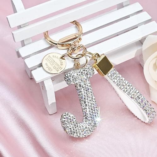 Pink Blue White Initial Letter Keychain Gift for Women Girls Bling Sparkly Cute Backpack Car Key Accessories Lanyard thumbnail 4