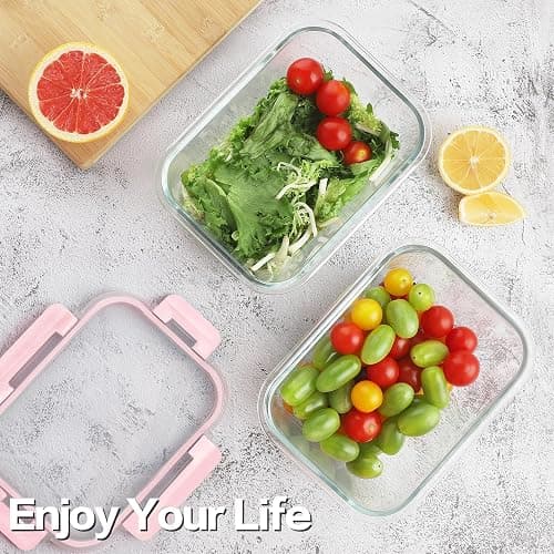 HOMBERKING 4 Pieces 63oz/8cup Large Glass Food Storage Containers with Lids, Meal Prep Containers, Airtight Bento Boxes with Leak Proof Locking (2 Containers + 2 Lids), Microwave, Oven Safe-Pink thumbnail 2