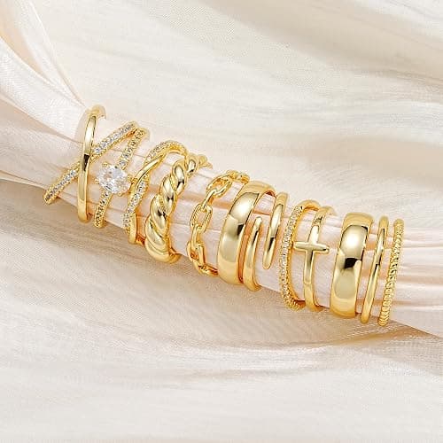FAXHION 12 PCS Dainty 14K Gold Rings for Women, Eternity Open Chunky Twist Simulated Diamond Criss Cross Designs, Non Tarnish Gold Plated Stacking Thumb Ring, Perfect for Wedding Bands Size 5-11 thumbnail 5