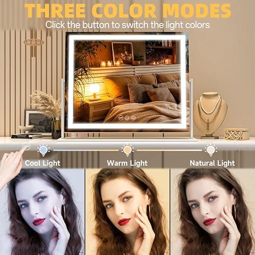 Batuso Vanity Mirror with Lights, 24'' x 20'' Lighted Makeup Mirror, Touch Screen with 3-Color Lighting, Dimmable for Vanity Desk Tabletop Square White thumbnail 3