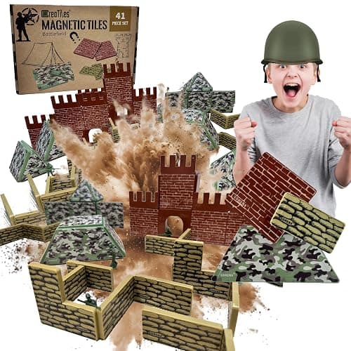 Military Battlefield Base Magnetic Tiles Building Blocks - Army War Themed Playset for Imaginative Military Building and Learning - STEM Education Toy WW1 WW2 - Great Birthday Gift for Boys - Image 1