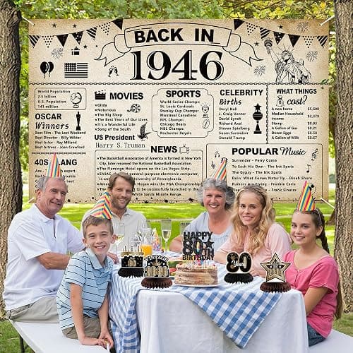 DARUNAXY Vintage 1946 80th Birthday Party Decorations for Men Women(30PC) | Vintage Back in 1946 Banner, Black 80 Number Balloons & Cake Topper, 80 Birthday Honeycomb Hanging Swirl Party Supplies thumbnail 7