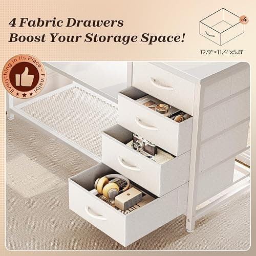 PRAISUN 61" L Shaped Desk with Power Outlets and USB-C Port, Reversible Computer Corner Office Desk with 4 Fabric Drawers and 2 Height-Adjustable Shelves, Large for Gaming Writing Work Study, White thumbnail 6