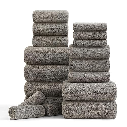 Ycosy 18 Piece Bath Towels Set,100% Microfiber Family Bathroom Towel with Hanging Loops-6 Bath Towels,6 Hand Towels,6 Washcloths,Quick Dry Highly Absorbent Shower Towel for Bathroom,Hotel,Spa-Brown - Image 1