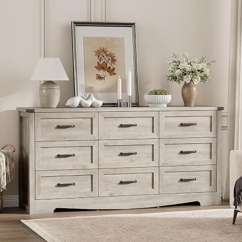 Dresser for Bedroom with 9 Drawers, 59" Wide Wood Chest of Drawers with Deep Drawers & Mental Handle, Modern Dresser TV Stand, Wooden Closet Storage Organizer for Living Room, Hallway, Entryway, Grey thumbnail 8