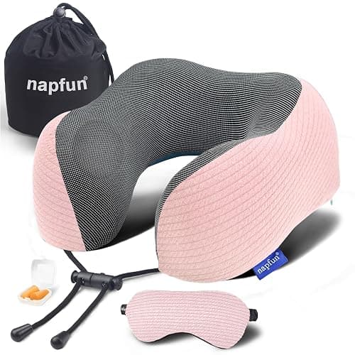 napfun Neck Pillow for Traveling, Upgraded Travel Neck Pillow for Airplane 100% Pure Memory Foam Travel Pillow for Flight Headrest Sleep, Portable Plane Accessories, Pink - Image 1