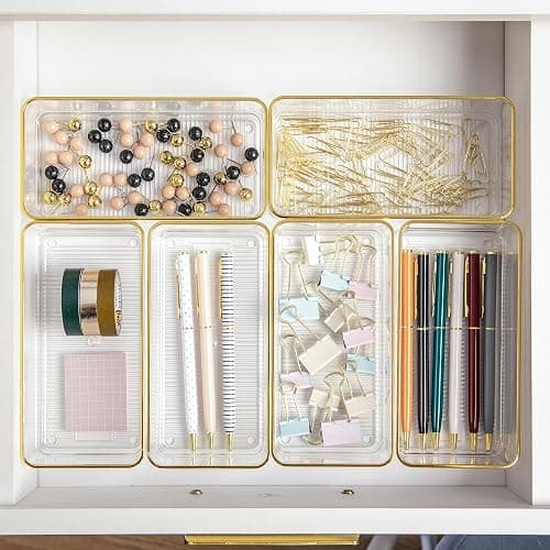Martha Stewart Kerry Plastic Stackable Office Desk Drawer Organizers, 6" x 3", 6 Pack, with Gold Trim - 6" x 3" thumbnail 2