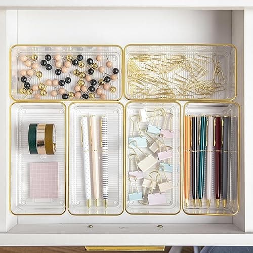 Martha Stewart Kerry Plastic Stackable Office Desk Drawer Organizers, 6" x 3", 6 Pack, with Gold Trim - 6" x 3" thumbnail 2
