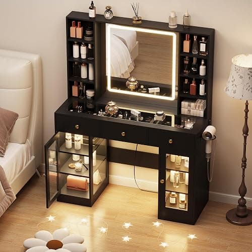 Black Vanity Desk with Mirror and Lights, Glass Top Vanity with Lighted Mirror & RGB Cabinet and 3 Drawers, Dressing Table with 8 Shelves, Makeup Desk with Lights for Girls Bedroom, 3 Color Modes thumbnail 3