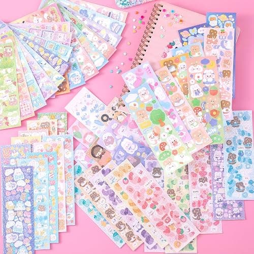 HINZIC 60 Sheets Korean Stickers Kpop Deco Stickers for Photocard Self Adhesive Colorful Stickers Cute Korean Stickers with Rabbit Bear Flower Cake for DIY Arts Craft Cards Scrapbooking Valentine Gift thumbnail 5