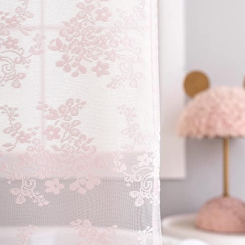 TUDECO Pink Shower Curtain - Shabby Chic Lace Floral Girly Cute Shower Curtain with Attach Valance, Sheer Vintage Coquette Aesthetic Bathroom Curtain, Scalloped Edge Top, 72 x 72 Inch, Light Pink thumbnail 4
