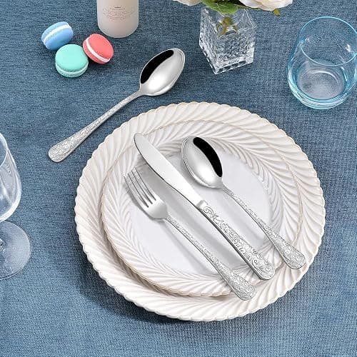 Runfly Vintage Carved Stainless Steel 20 Pieces Flatware Set, Silverware Set, Modern Embossed Cutlery Set Utensils Including Fork Spoon and Knife thumbnail 2