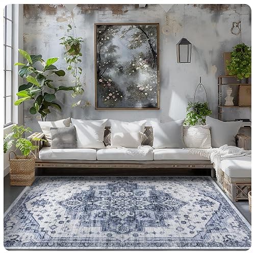 Washable Rug Living Room Rugs: 6x9 Area Rug Large Soft Boho Vintage Medallion Carpets Indoor Floor Anti Slip Non-Shedding Thin Carpet for Bedroom Dining Room Farmhouse Nursery Home Office-Blue/White thumbnail 8