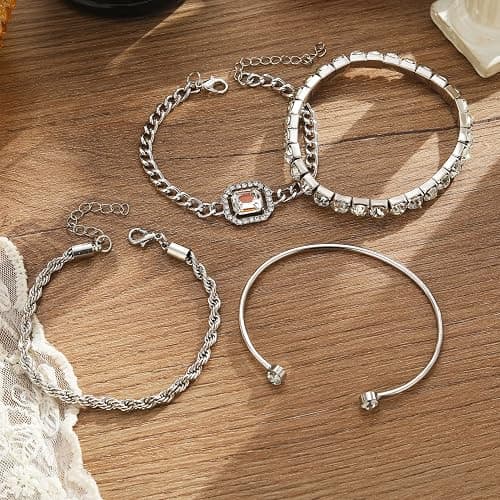 4 Pcs Dainty Gold Silver Bracelets Set for Women 14K Plated Link Cubic Zirconia Paperclip Stake Layering Chain Adjustable Trendy Hand Jewelry thumbnail 5
